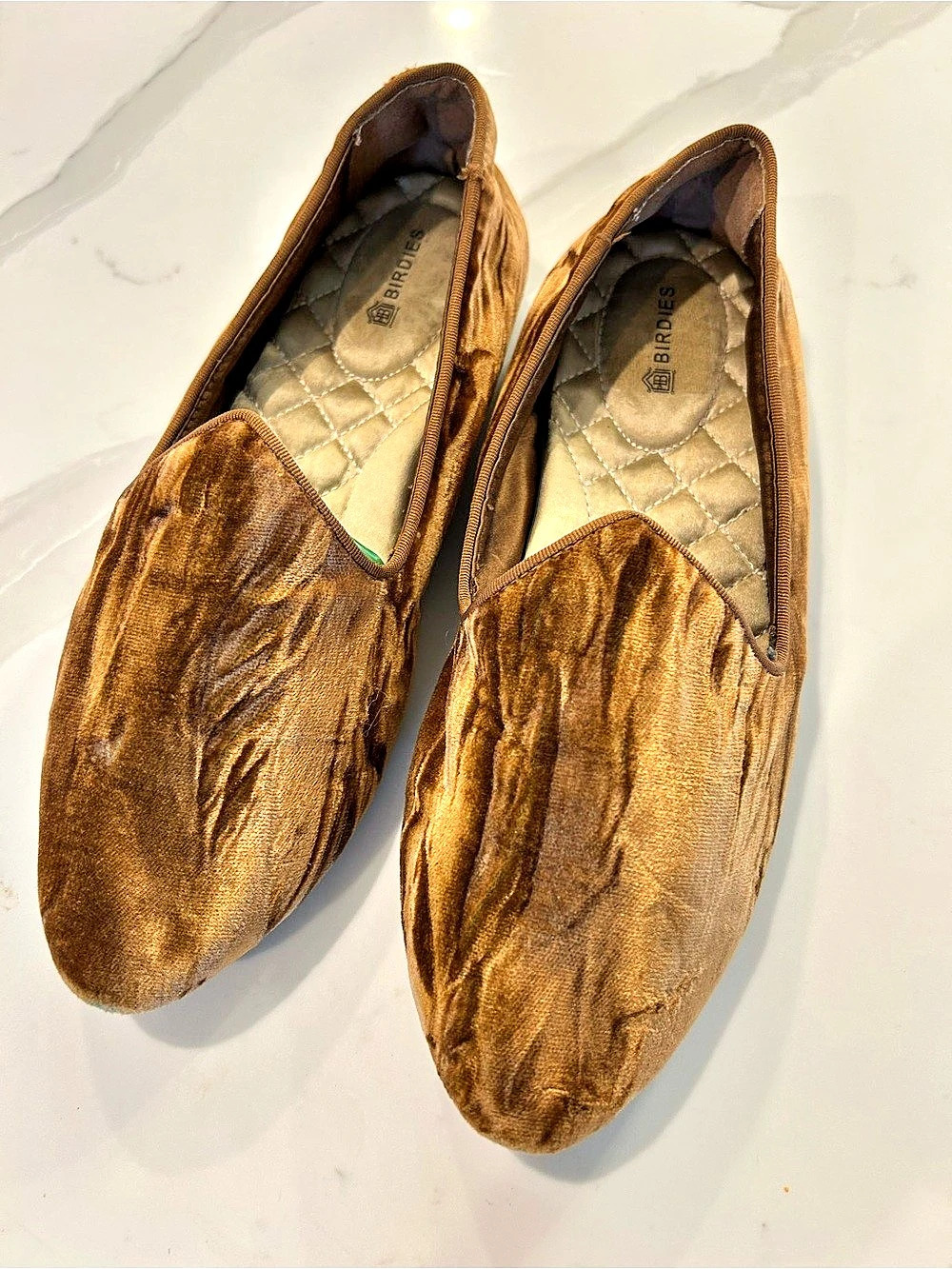 Birdies Heron Crushed Velvet Smoking Flats in Amber, Size 6.5
